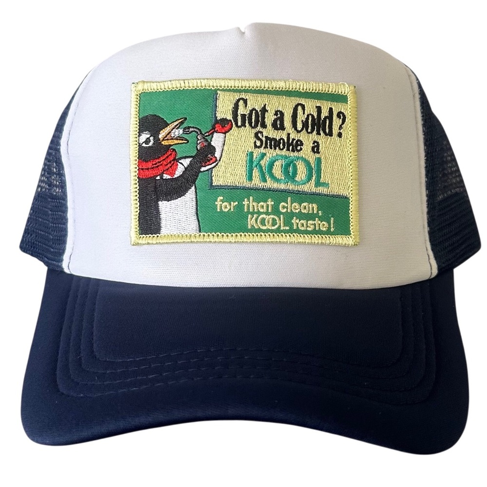 White and Navy Retro Trucker Hat with Kool Patch